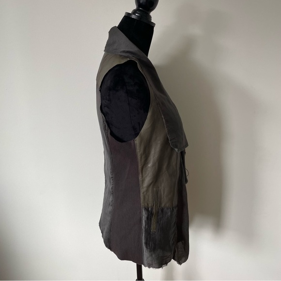 Jackett…etc Green Leather Brown Ribbed Cotton Panel Chiffon Drape Vest Size XS - Picture 4 of 9